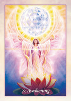 Artistic depiction of a woman with angelic wings and a crystal ball, surrounded by light and a lotus flower, titled '29. Awakening'.