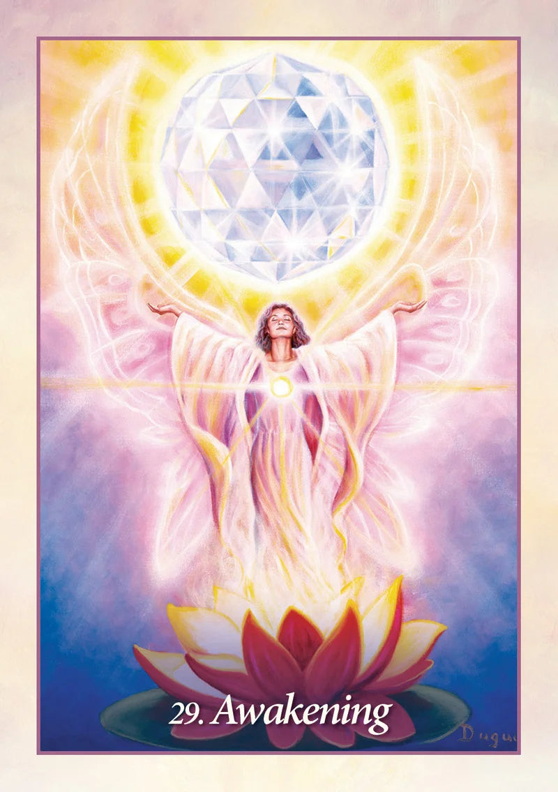 Artistic depiction of a woman with angelic wings and a crystal ball, surrounded by light and a lotus flower, titled '29. Awakening'.