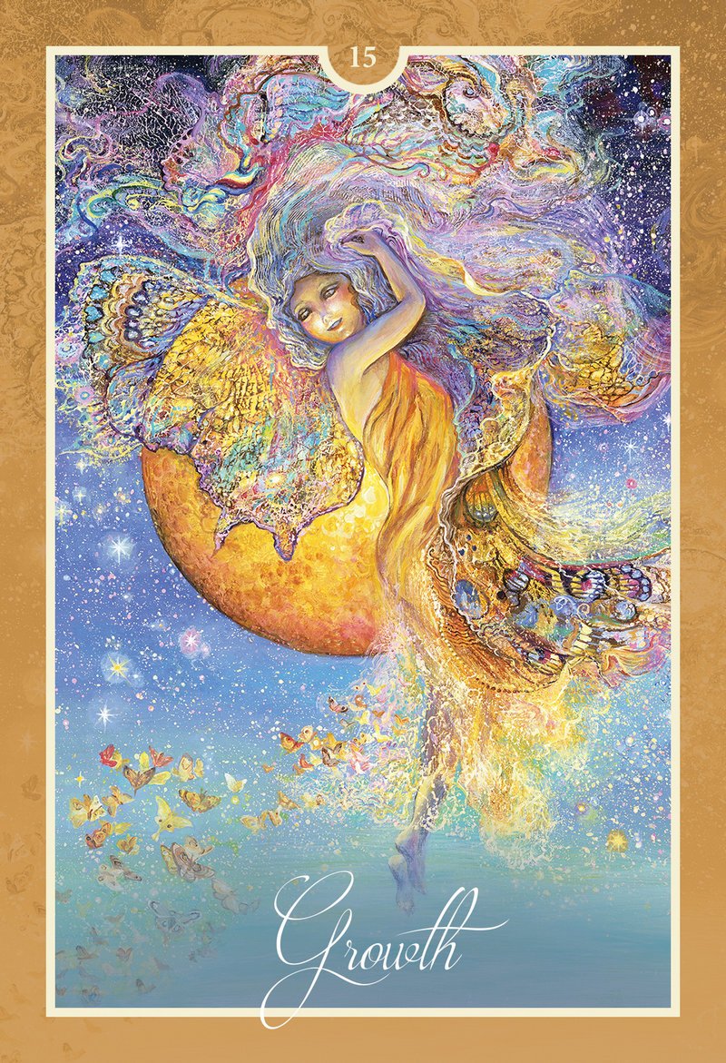 Colorful tarot card with a woman and moon, labeled 'Growth', on a blue background.