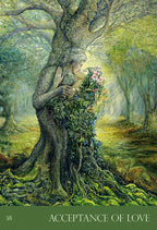 Artistic depiction of a woman embracing a tree with flowers, titled 'Acceptance of Love'.
