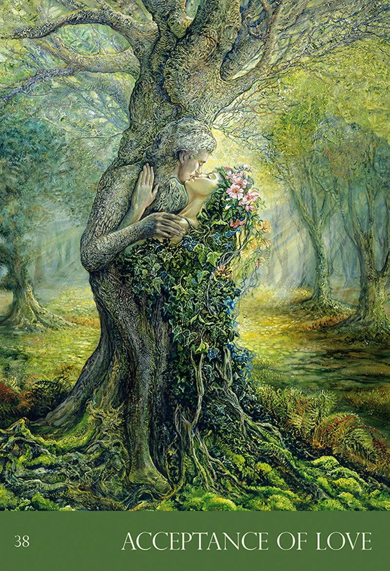 Artistic depiction of a woman embracing a tree with flowers, titled 'Acceptance of Love'.