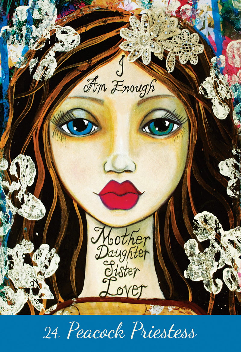 Artistic depiction of a woman with floral headpiece and 'I Am Enough' text, surrounded by flowers.