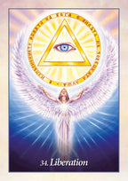 Poster with an angelic figure, eye in a triangle symbol, and text '34. Liberation' on a blue and purple background.