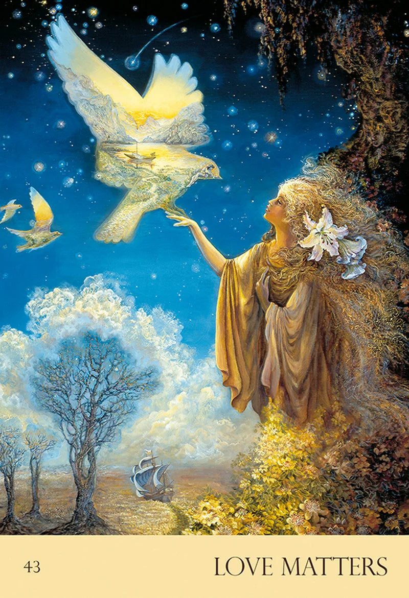 Woman with a dove in a fantasy landscape with 'Love Matters' text