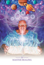 Illustration of a person with cosmic elements and an open book titled 'Master Healing'.