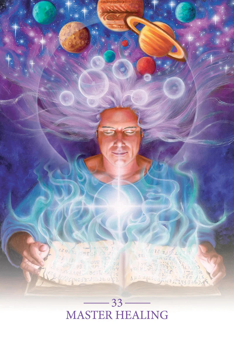 Illustration of a person with cosmic elements and an open book titled 'Master Healing'.