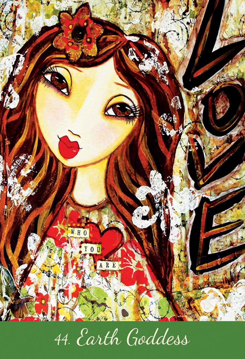 Artistic depiction of a woman with long brown hair and a floral headband, surrounded by decorative elements and the word 'LOVE'.