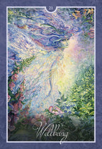 Fairy-like figure with flowing hair and floral elements on a blue border