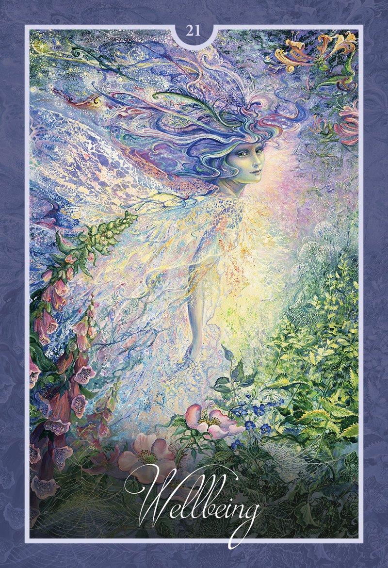 Fairy-like figure with flowing hair and floral elements on a blue border
