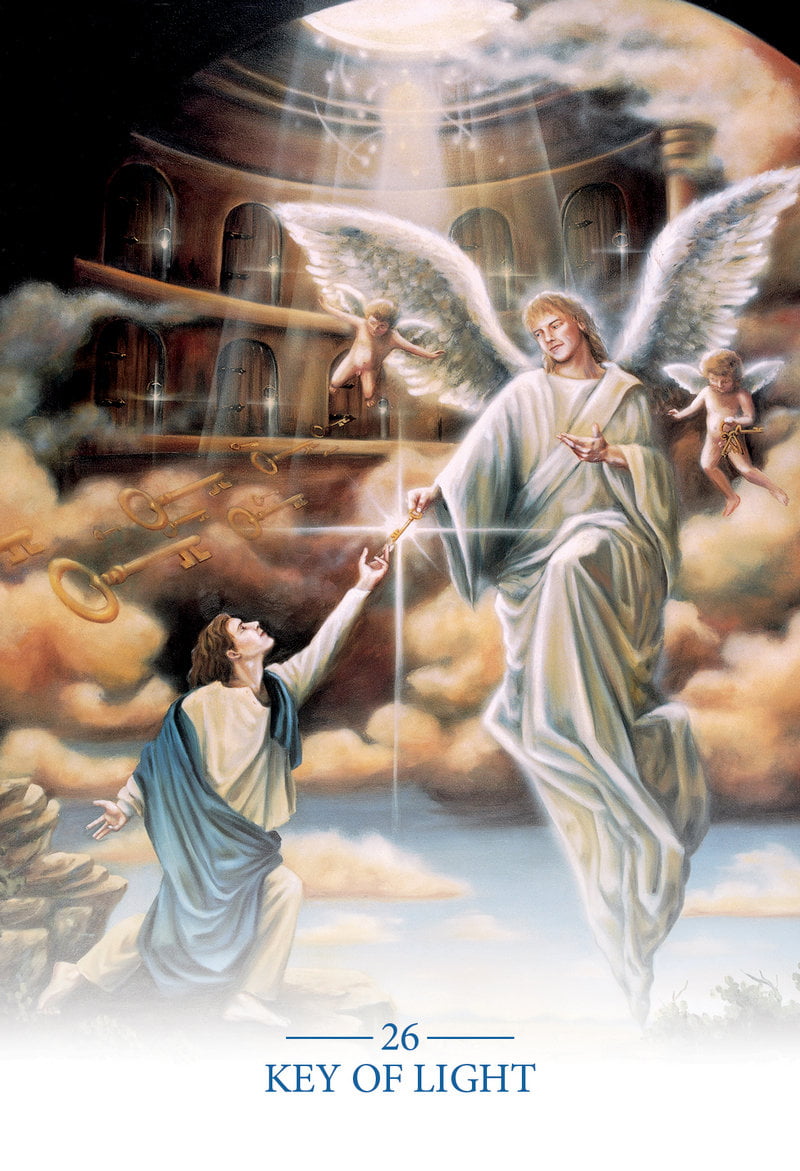 Illustration of an angel and a woman in a heavenly setting with 'Key of Light' text.