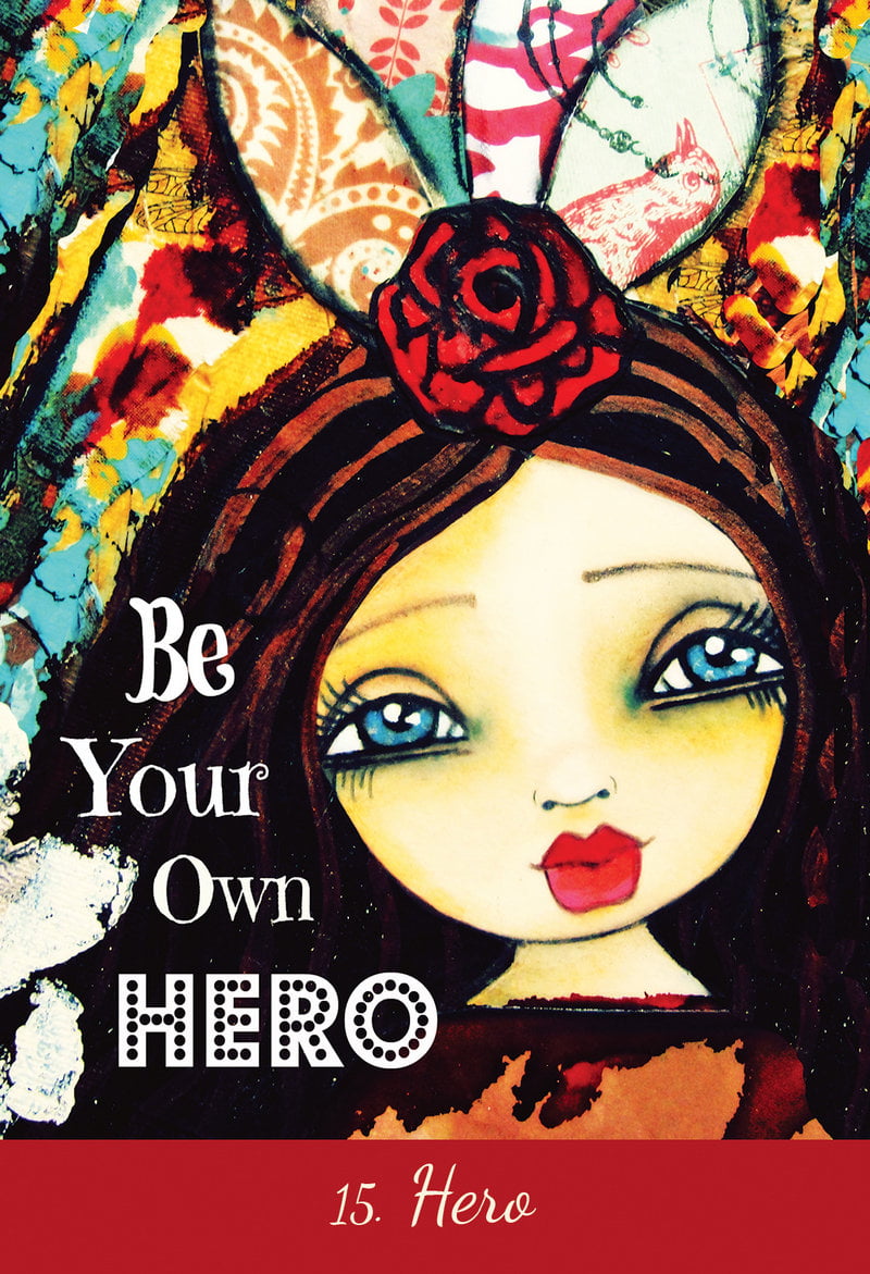 Artistic depiction of a girl with a red flower in her hair and 'Be Your Own Hero' text on a colorful background.