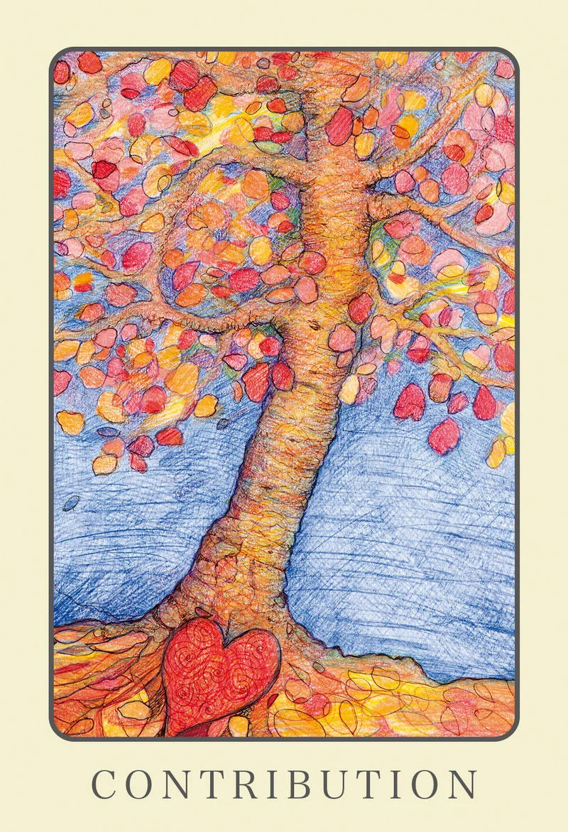 Colorful tree with autumn leaves and a heart at its base, labeled 'CONTRIBUTION'.