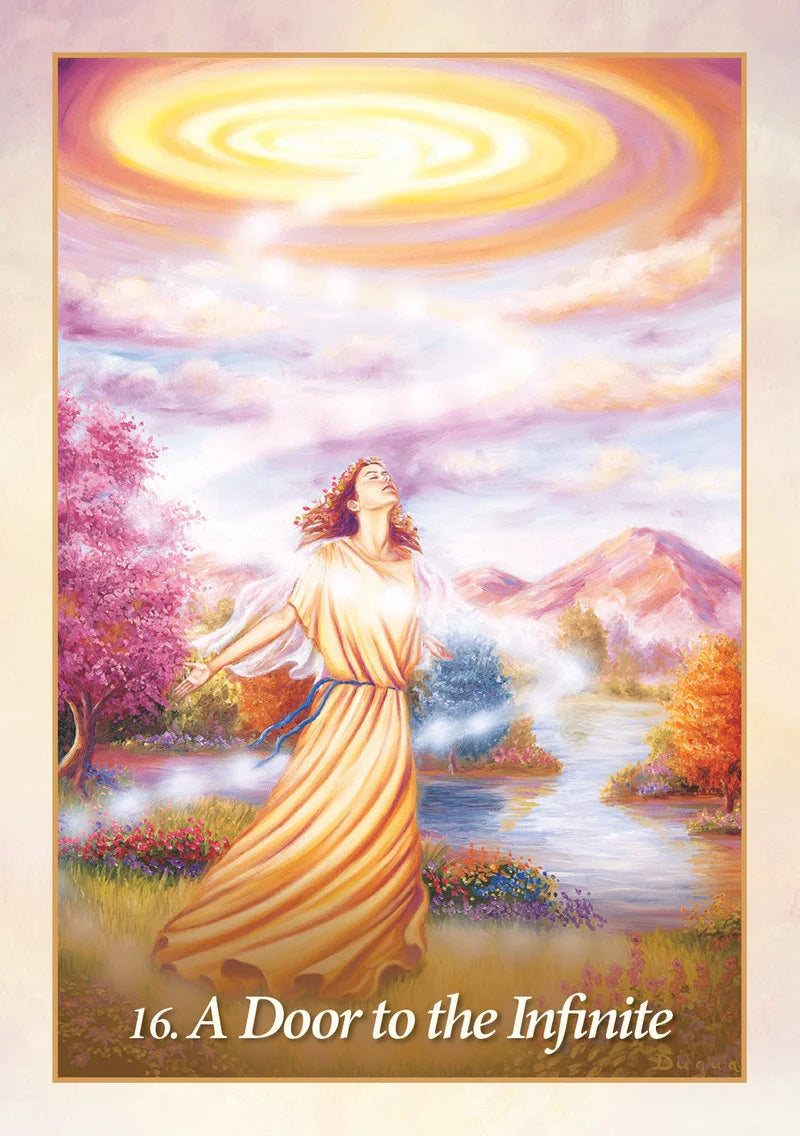 Woman in a long dress standing in a scenic landscape with a bright light above her, titled '16. A Door to the Infinite'.