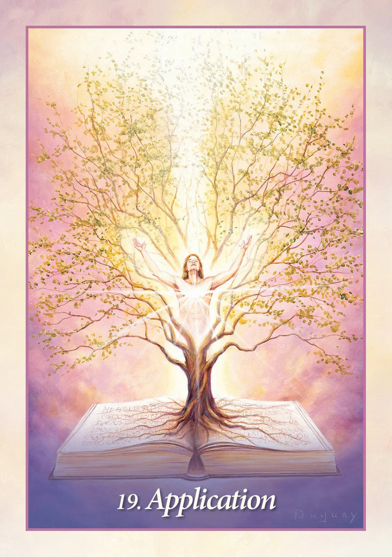 Tree of life with a person at its center on an open book, set against a pink and purple gradient background.