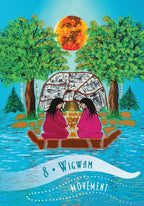 Two people sitting on a log in front of a wigwam with trees and a sun in the background, featuring '8 Wigwam Movement' text.