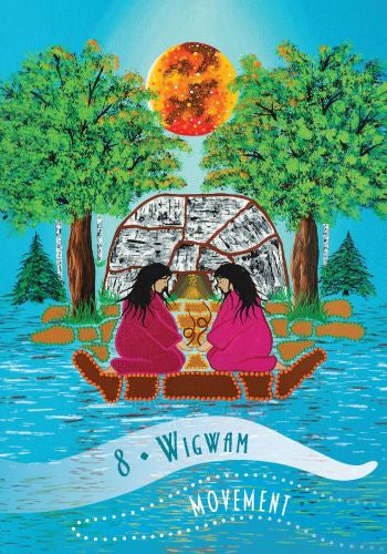 Two people sitting on a log in front of a wigwam with trees and a sun in the background, featuring '8 Wigwam Movement' text.