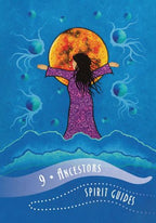 Cover of '9 Ancestors Spirit Guides' with a woman in a purple dress against a blue background with celestial elements.