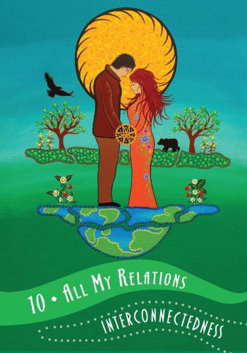Illustration of a couple embracing with a large moon above, surrounded by nature on a green background.