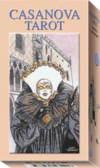 Casanova Tarot box with illustration of a masked figure and architectural background