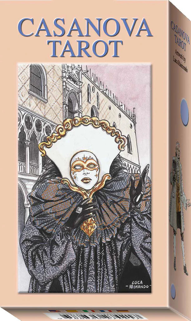 Casanova Tarot box with illustration of a masked figure and architectural background