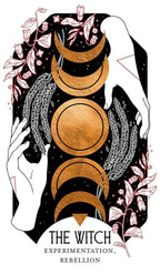 Illustration of hands holding phases of the moon with floral elements and text 'The Witch: Experimentation, Rebellion' on a dark background.