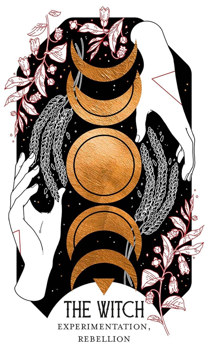 Illustration of hands holding phases of the moon with floral elements and text 'The Witch: Experimentation, Rebellion' on a dark background.
