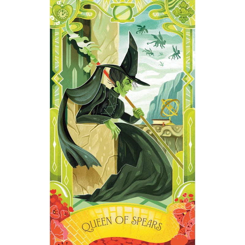 Card featuring a witch with a broom, labeled 'Queen of Spears', in a decorative frame.