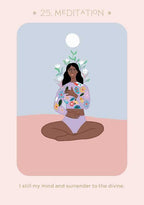 Illustration of a person meditating with flowers on a pastel background
