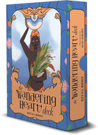 Card deck packaging titled 'The Wandering Heart Deck' with an illustration of a person holding plants against a blue background.