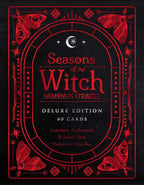 Front cover of the 'Seasons of the Witch: Samhain Oracle' Deluxe Edition card deck, featuring a black background with intricate red occult and seasonal illustrations, including a crescent moon, stars, and stylized moths, with white text.