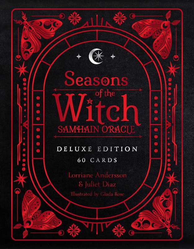 Front cover of the 'Seasons of the Witch: Samhain Oracle' Deluxe Edition card deck, featuring a black background with intricate red occult and seasonal illustrations, including a crescent moon, stars, and stylized moths, with white text.