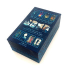 Blue tarot card box with artwork on a white background