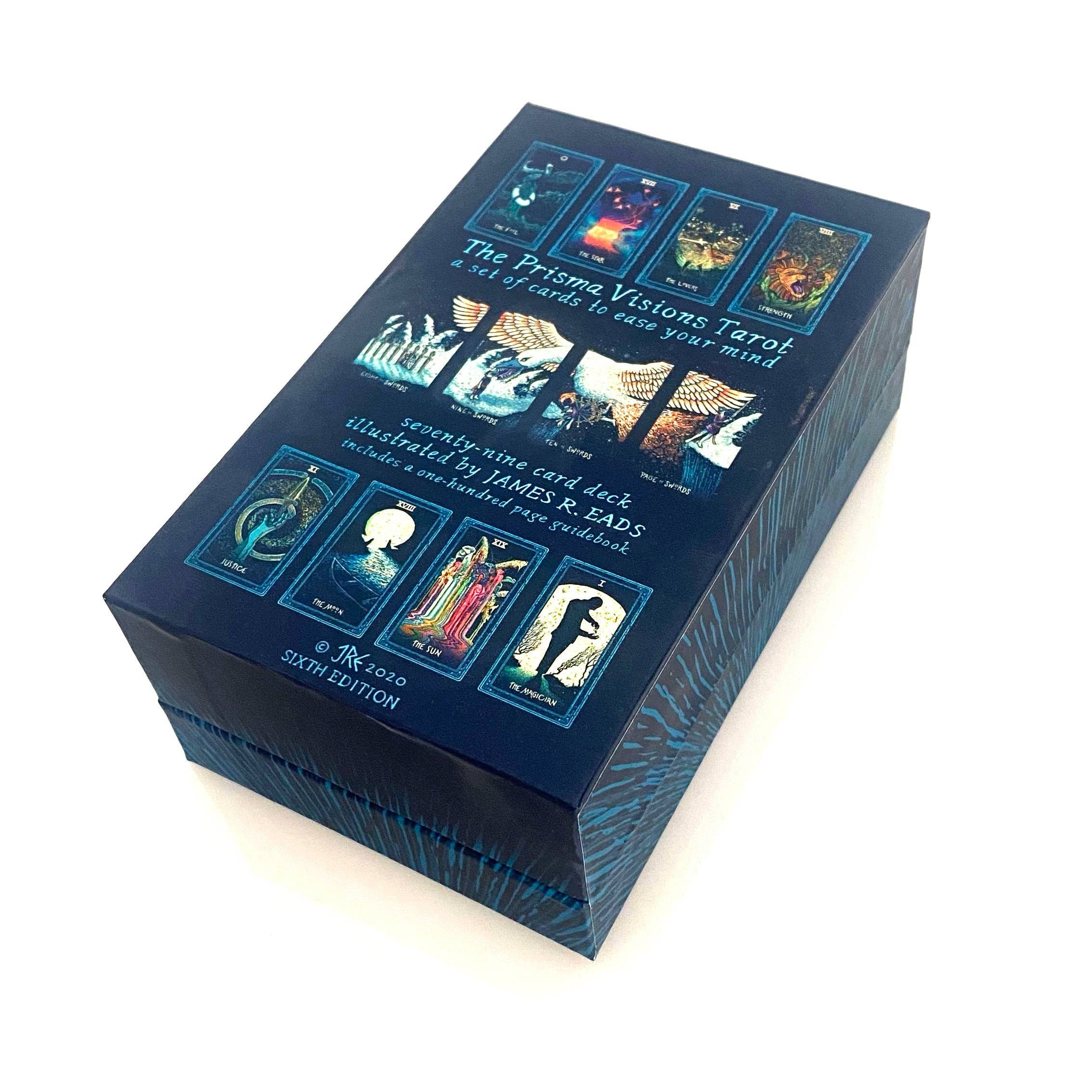 Blue tarot card box with artwork on a white background