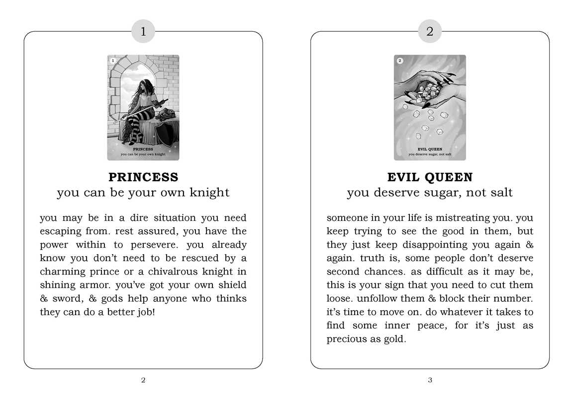 Two tarot cards labeled 'Princess' and 'Evil Queen' with text underneath each card.