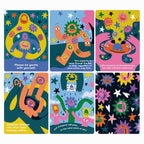 Set of six colorful cards with cartoon characters and motivational text on a white background.