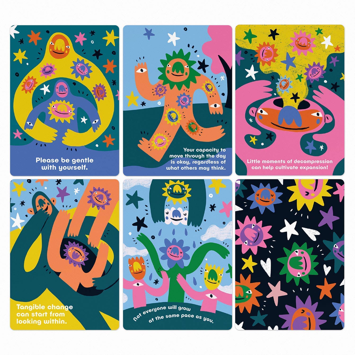 Set of six colorful cards with cartoon characters and motivational text on a white background.