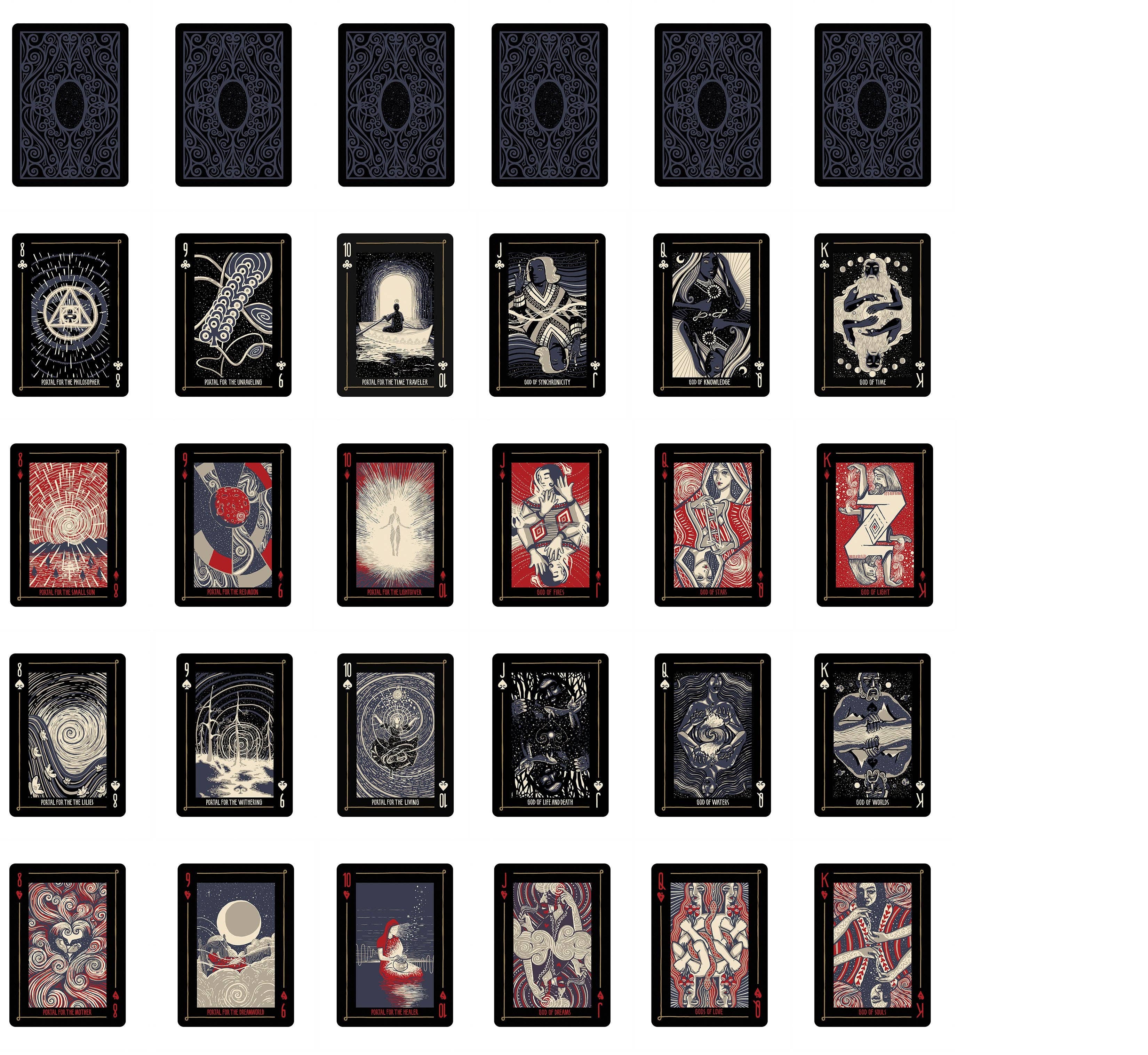 A set of illustrated playing cards arranged in a grid on a plain white background. The cards feature dark, gothic, and occult-style artwork with black, red, cream, and gray tones, including symbols, faces, and abstract designs.