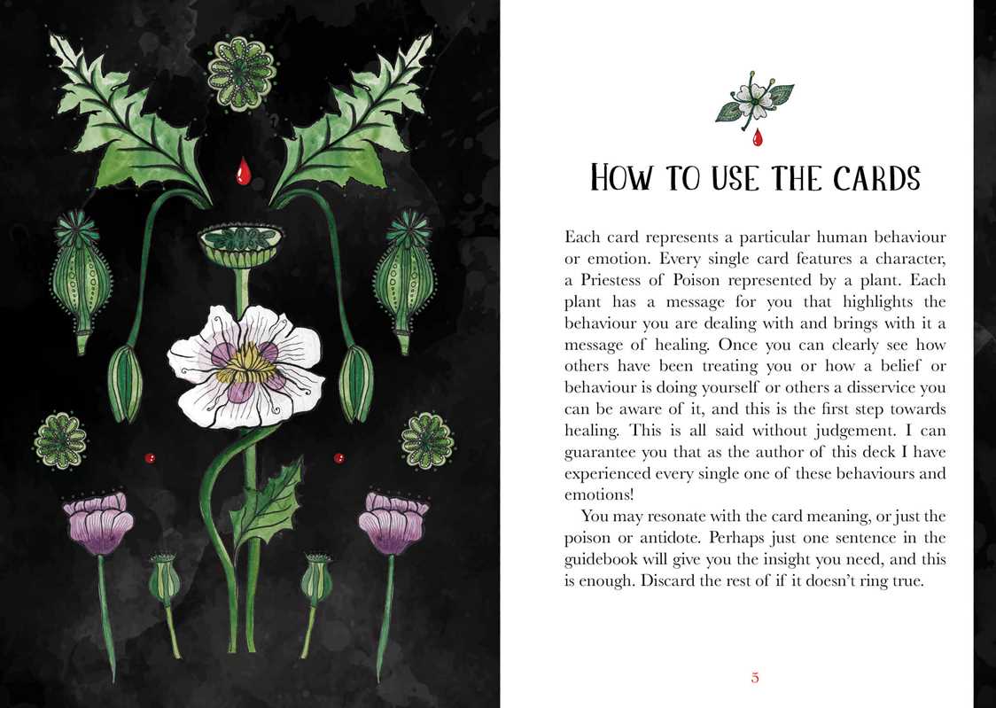Card with botanical illustrations and text on how to use the cards against a dark background