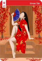 Illustration of a woman in a red dress with a blue fan, surrounded by autumn leaves, on a card titled 'Kwan Yin'.