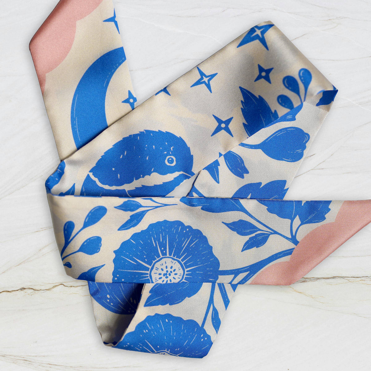 Skinny Silk Scarf / Tarot Tie - Moonlit Blooms