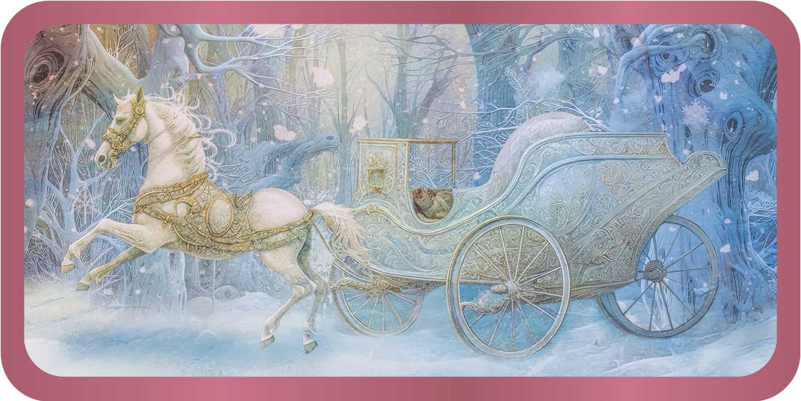 Fantasy scene with a white horse pulling a carriage through a snowy forest, framed by pink borders.