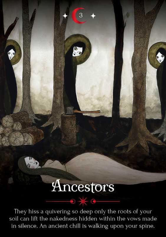 A dark, atmospheric poster-style artwork titled 'Ancestors' showing a woman reclining in a forest with three cloaked figures standing in the trees, each holding a circular mirror that reflects a pale face. A red crescent moon with stars appears at the top, and a block of text is printed at the bottom.