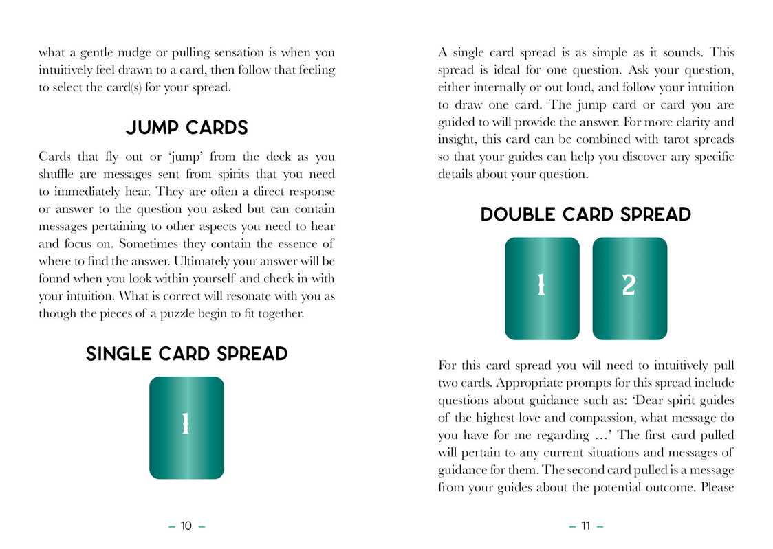 Pages from a book about tarot card spreads, specifically single and double card spreads.
