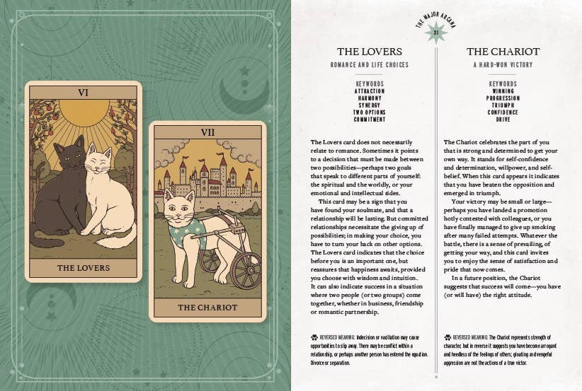 Two tarot cards titled 'The Lovers' and 'The Chariot' on a green background with text on the right.
