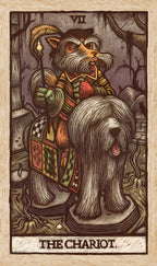 Tarot card featuring a bear-like creature in a chariot with 'The Chariot' text.
