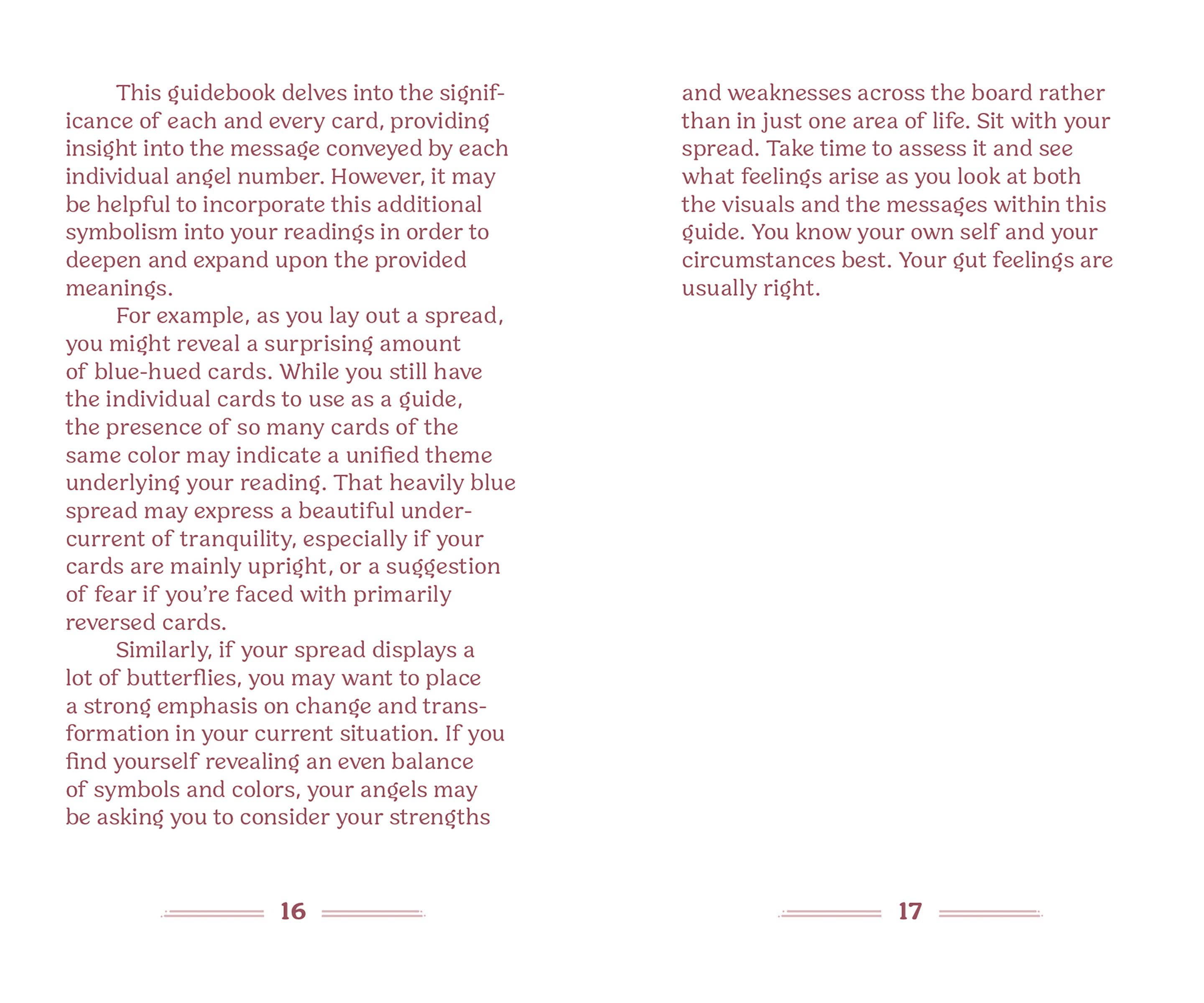 Page from a book or guide with text on card meanings and angel number analysis.