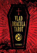 Book cover of 'Vlad Dracula Tarot' with a coffin design on a red background.