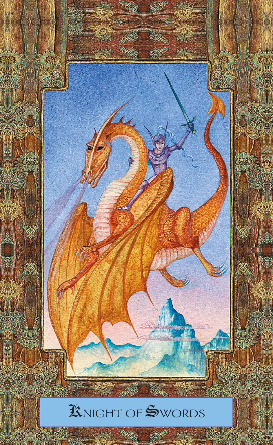 Card featuring a knight riding a dragon with decorative border and text 'Knight of Swords'.