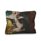 A rectangular zippered pouch featuring a vintage-style painting print of a tattooed woman with dark red flowers, set against a plain white background.