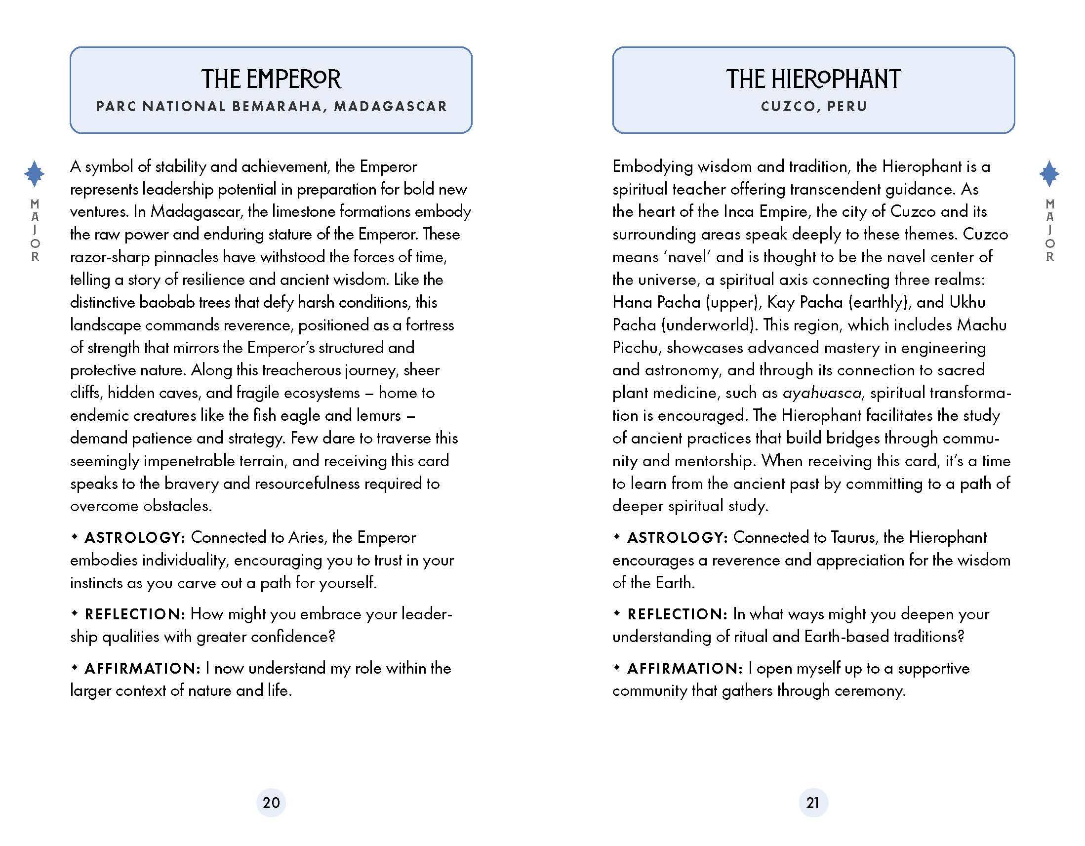 Two pages from a book or guidebook about tarot cards, featuring descriptions of 'The Emperor' and 'The Hierophant'.